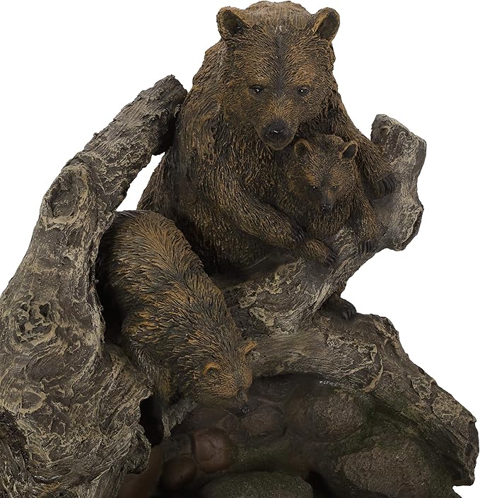 Merax 24.75" High Bear Family Fountain, Weather-Resistant Outdoor Water Feature with LED Lights, 2-Tier Waterfall for Garden Patio, Light Brown+Moss