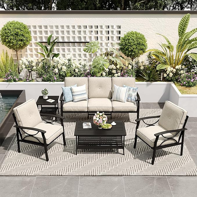 5-Piece Outdoor Patio Furniture Set, Outdoor Metal Sectional Furniture with Cushions, Outdoor Conversation Seating Set with Side Table for Deck, Backyard, Garden, Balcony, Black