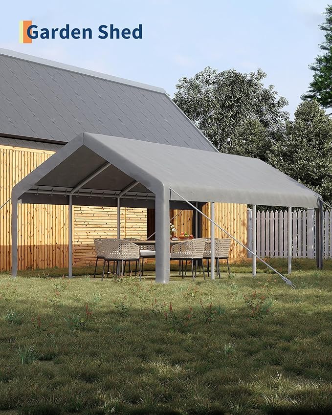 13X25 FT Portable Carport Garage with Roll-Up Windows & Doors, Heavy-Duty 200g PE Tarp, Waterproof & UV Protected Outdoor Shelter for Car, Boat, Truck, Motorcycle