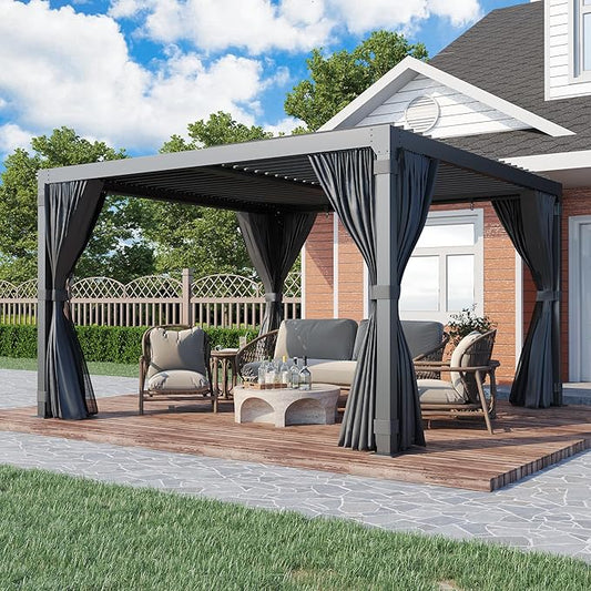 EROMMY Louvered Pergola 10' x 10' Outdoor Hard Top Pergola with Aluminum Frame and Adjustable Metal Rainproof Roof for Garden & Patio, Curtains and Netting Included, Gray-Black