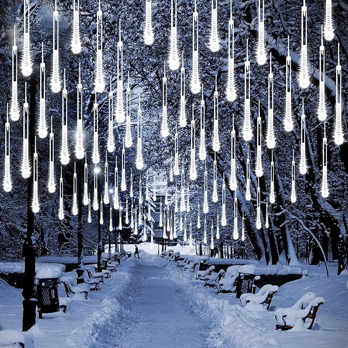 2 Pack Christmas Decorations Lights Outdoor, Extendable Meteor Shower Lights with Timer, Total 384LED 30cm 16 Tubes Indoor Outdoor Snow Cascading String Light for Xmas Garden Party Decor (Cool White)