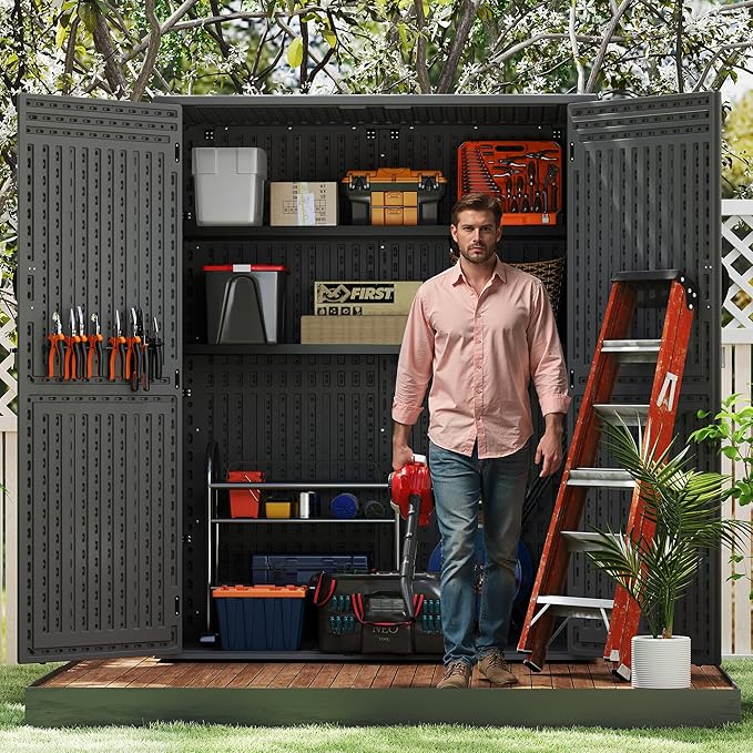 Vertical Resin Storage Shed, 60 Cuft Garden Tool Sheds & Outdoor Storage, Plastic Outdoor Storage Cabinet Waterproof, 4.5 x 2.3 ft Backyard Outside Lawn Mower Storage Shed, Grey
