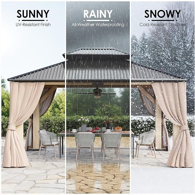 13‘x15’ Outdoor Wood Gazebo, Wooden Pavilion with Double Galvanized Steel Roof, Hardtop Gazebo with Natural Wood Frame, Curtains & Netting for Patio, Garden, Lawn, Deck, Backyard (13'x15')