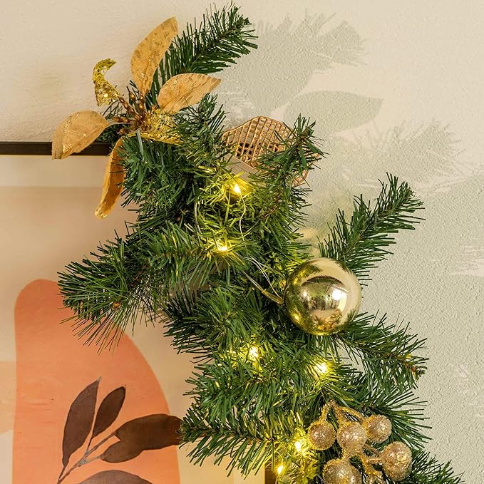 YULETIME 6 Feet Lighted Christmas Garland, Battery Operated with 20 Fairy Lights Artificial Garland, Golden Baubles, Berries, Poinsettia, Spruce Branches, Pine Needles