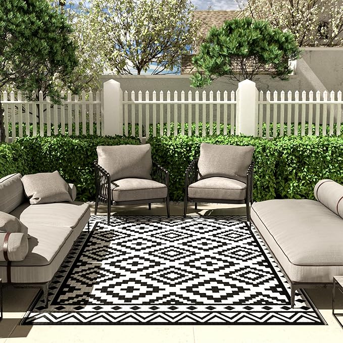 HAUSHOF 5'X8' Outdoor Rug Waterproof, Thickened Outdoor Plastic Straw Rug, Reversible Patio Rug with 4 Rug Stakes, Outdoor Carpet Mat for RV Trip, Camping, Beach, Deck, Porch, Balcony, Black&White