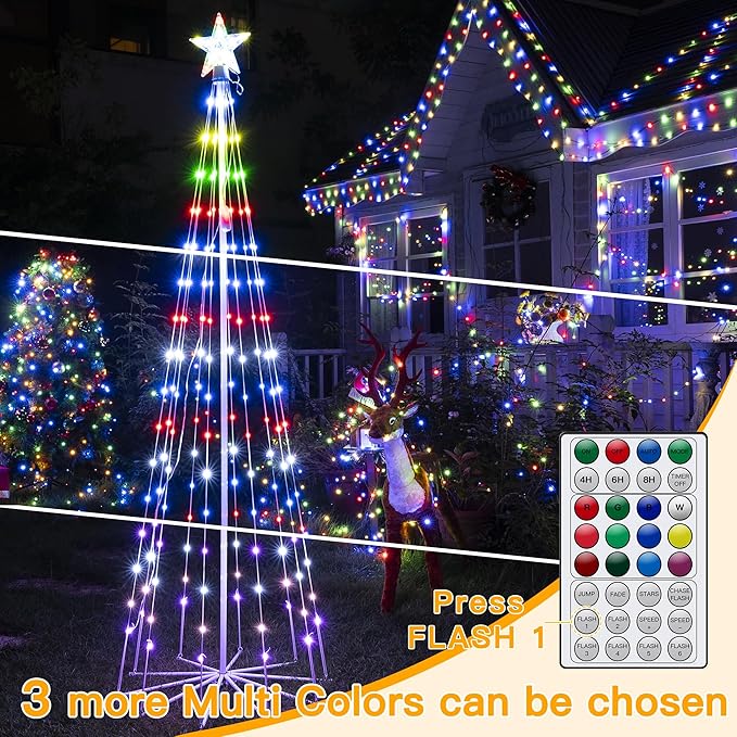 Ollny Christmas Tree Lights 6FT 170 LED, RGB 34 Modes Color Changing Outdoor String Light with Plug in Remote, Waterproof Star Lights for Xmas Outside Indoor Yard Porch Decorations