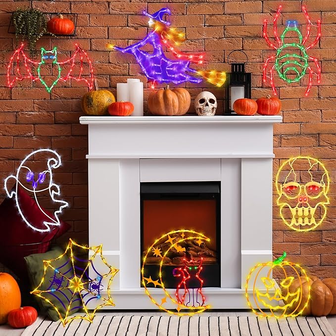 Halloween decorations16 Halloween Window Silhouette Lights Decorations - 4 Pack Colour Lighted Witch ＆ Bat ＆ Skull Head ＆ Cat on Moon for Holiday Indoor and Outdoor Wall Door Window Decorate