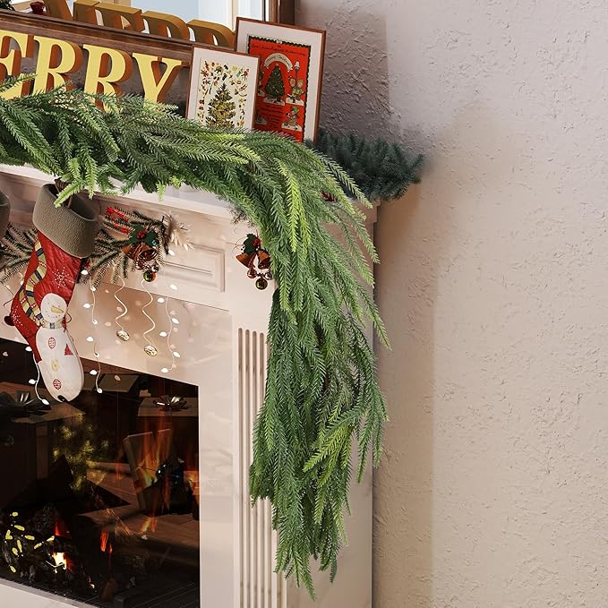 2 Pcs 6FT Artificial Norfolk Pine Christmas Greenery – Realistic Winter Pine Decoration for Mantle, Fireplace, Table, Wall, Indoor Outdoor Holiday Use