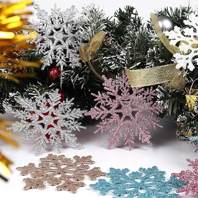 RECUTMS 40Pieces Blue Glitter Snowflake Winter Snowflake Ornaments Christmas Hanging Decorations for Christmas Tree Wedding Embellishing Party Decorations,4 Inches,2 Pattern (Blue)