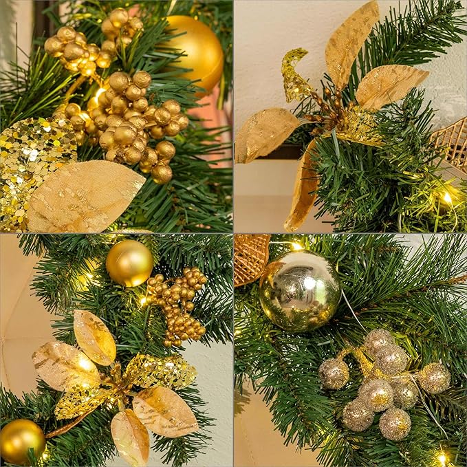 YULETIME 6 Feet Lighted Christmas Garland, Battery Operated with 20 Fairy Lights Artificial Garland, Golden Baubles, Berries, Poinsettia, Spruce Branches, Pine Needles