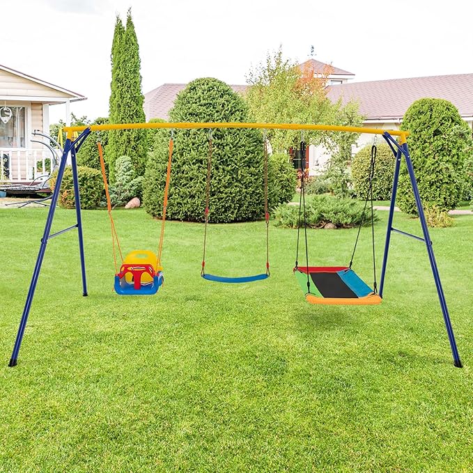 Costzon 660 lbs Swing Sets for Backyard, 3-in-1 Heavy Duty Extra Large Metal Frame with Platform Swing, Belt Swing, Baby Swing, Indoor Outdoor Playground Playset, Swing Set for Kids Toddlers