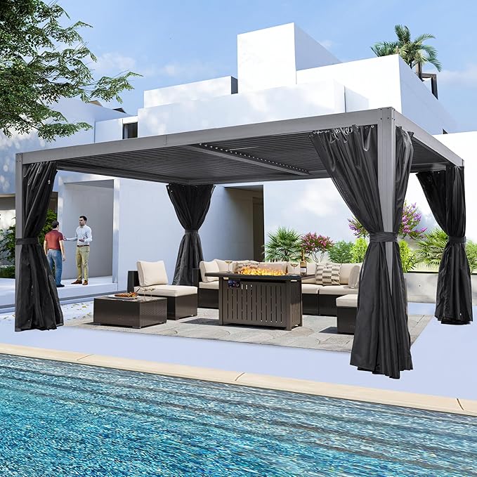 Domi 12x16FT Louvered Pergola, Full Aluminum Pergola with Adjustable Louvered Roof, Outdoor Pergola with Waterproof Curtains and Netting, Gray