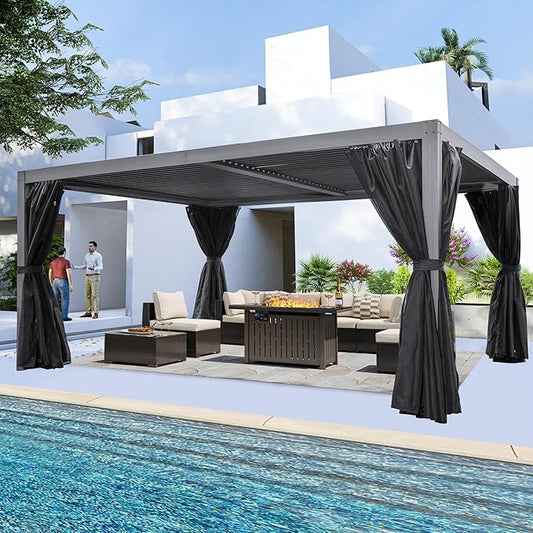 Domi 12x16FT Louvered Pergola, Full Aluminum Pergola with Adjustable Louvered Roof, Outdoor Pergola with Waterproof Curtains and Netting, Gray