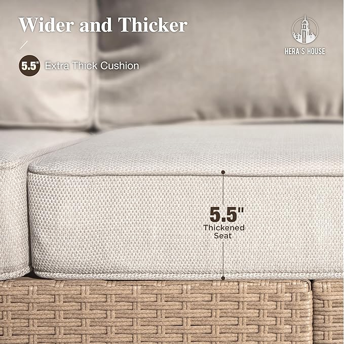 HERA'S HOUSE 5 Pieces Patio Furniture Set, All Weather 7 Seats Outdoor Wicker Sofa with Ottoman, 5.5" Thick Waterproof Cushion Conversation Set for Garden Deck Backyard, Beige