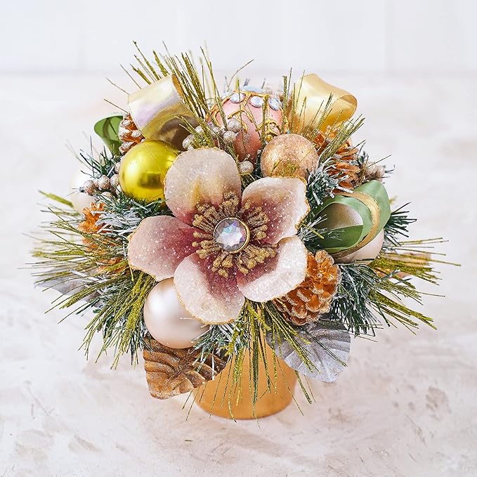 Holiday Tree Christmas Centerpiece - Blush Magnolia Arrangement with Pot Handcrafted - Jeweled Glittery Magnolia, Golden Pinecone, Ribbon, and Greenery Pine Needle (10")