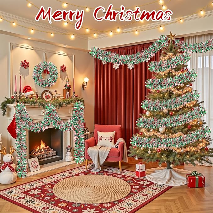 50Ft Christmas Tinsel Twist Garland, Metallic Twist Garland Tree Decorations for Christmas Tree New Year Party Birthday Holiday Supplies Indoor and Outdoor Decoration (Red Green Silver)