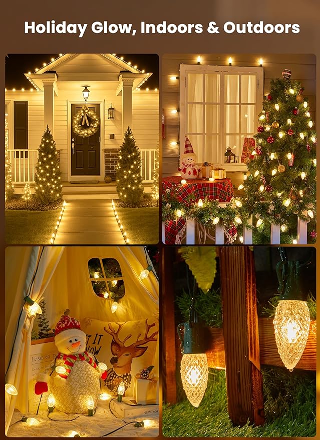 C9 Christmas String Lights Outdoor - 20 LED Pathway Light with Strawberry Shell and Stake Connectable Warm White High Voltage Waterproof for Driveways Xmas Holiday Patio Decoration