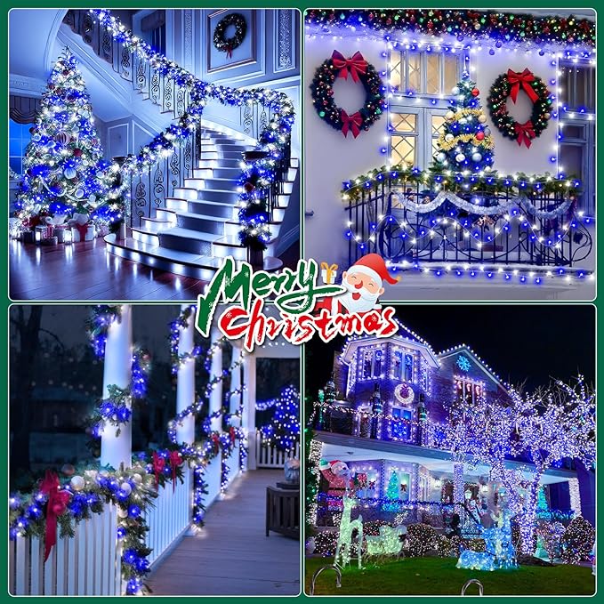Heceltt Christmas Lights Outdoor, 403FT 1000 LED String Lights 8 Modes and Timer Memory Function Twinkle Fairy Lights IP44 Waterproof Plug in for Xmas Tree Wedding Party Holiday Decor(Blue and White)