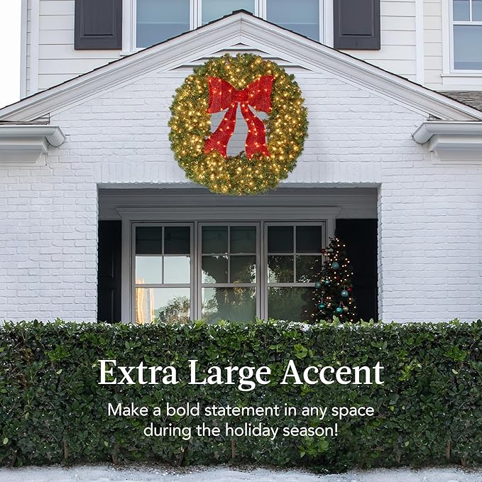 Best Choice Products 24in Large Artificial Pre-Lit Fir Christmas Wreath Holiday Accent Decoration for Door, Mantel w/Red Lighted Bow, 70 LED Lights, 100 PVC Tips, Battery Operated