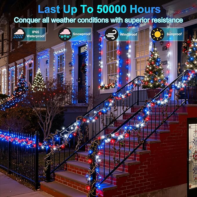 240FT 750LED Christmas Lights,12 Modes Red Blue and White Outdoor String Lights with Timer Dimmable, Waterproof Green Wire Christmas String Lights for Indoor Tree Xmas Patio Fence Wedding Party Decor