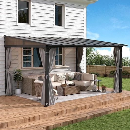 10 x13FT Outdoor Wall-Mounted Hardtop Gazebo, Aluminum Frame Lean to Gazebo with Polycarbonate Roof and Curtains for Patio, Garden, Deck