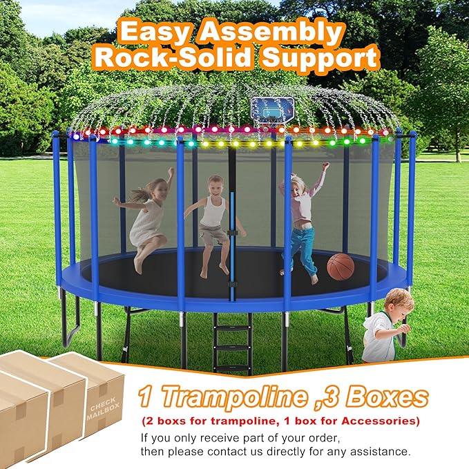 DeepRoar 2026 Upgraded 8FT 10FT 12FT 14FT 15FT 16FT Outdoor Tranpoline for Kids, Big tranpoline with Basketball Hoop, Lights, Sprinkler & Socks, Heavy Duty tranpoline 1500LB, ASTM Approved Tranpoing