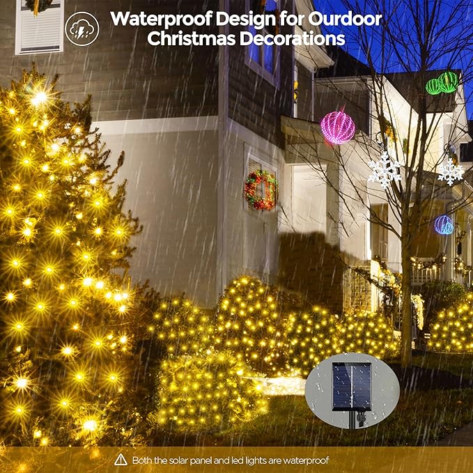 WBao Solar Christmas Lights Outdoor 360LED 11.5ft x 6.9ft Christmas Net Lights with Remote, 8 Lighting Modes, Timer, Waterproof for Lawn, Bushes, Shrubs, Trees Outdoor Xmas Decorations, Warm White