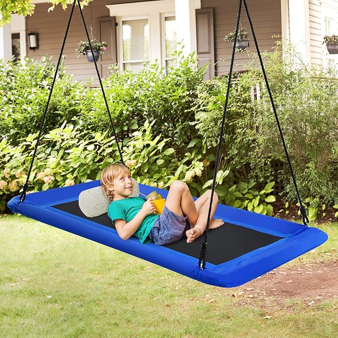 Costzon 700lb Giant 60'' Platform Tree Swing for Kids and Adults, Wear- Resistant Indoor/Outdoor Rectangle Swing with Durable Steel Frame and 2 Hanging Straps for Porch, Backyard (Blue)