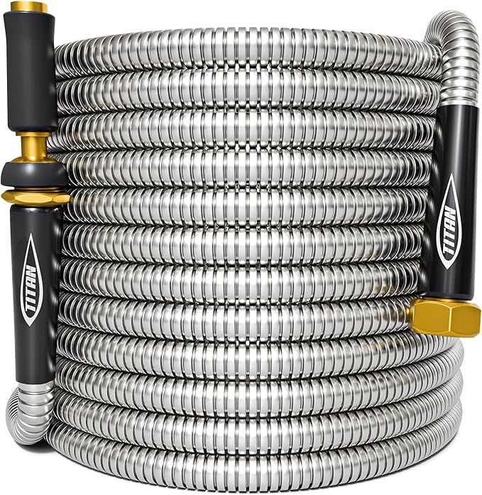 TITAN Garden Hose 200FT - 304 Stainless Steel Metal Water Hose, Flexible, Kink-Free, Lightweight, Durable, Crush Resistant Fittings, Easy to Coil, 500 PSI