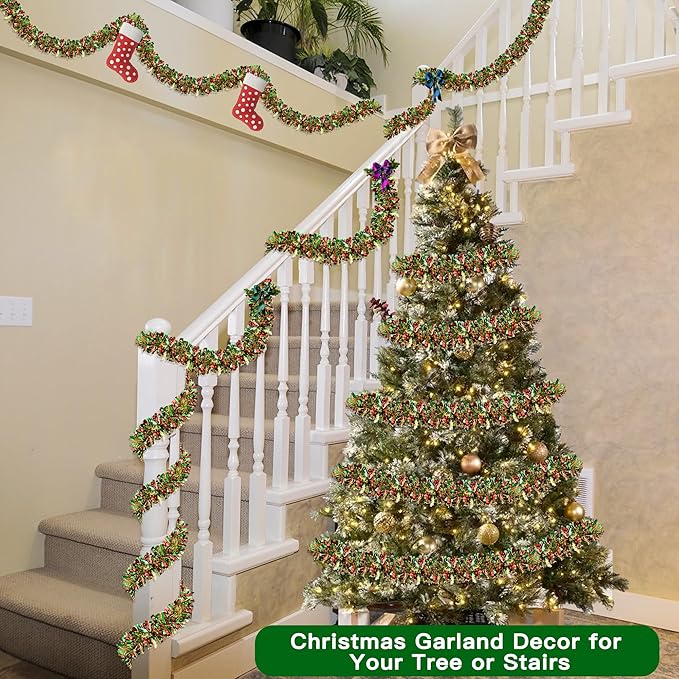 50FT Red Green Gold Christmas Tinsel Metallic Twist Shiny Garland for Christmas Tree Decorations, Xmas Holiday Hanging for Home Mantle Stair Indoor Outdoor Party Supplies Decor