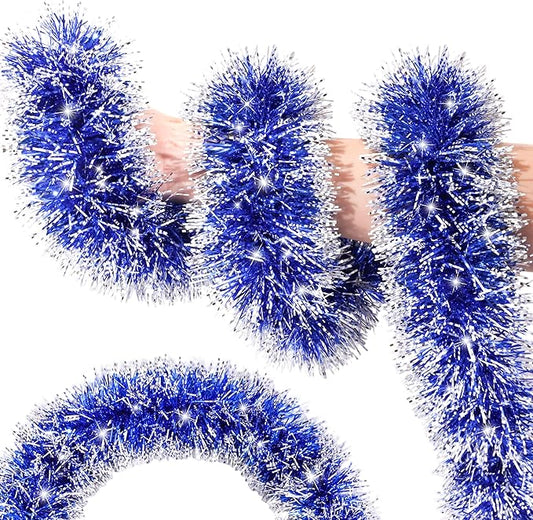 50FT Blue White Christmas Tinsel Garland Metallic Twist Shiny Christmas Tree Decorations, Xmas Holiday Hanging Garland for Home Mantle Stair Indoor Outdoor Holiday Decor Party Supplies - Blue White