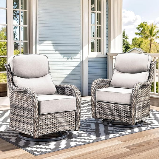 Luxury High Back Outdoor Swivel Rocker Patio Chairs with Side Table & 6-Inch Thick Cushions, 2 Pieces Patio Furniture Set for Porch, Balcony, Deck and Yard