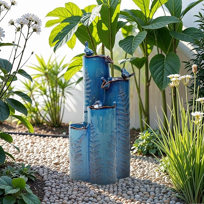 Autodaya 32" Tall Outdoor Fountain, Ceramic Vase Water Fountain withs Lights, 4-Tier Waterfalls with Birds, Tranquil Oasis for Garden Patio Yard Deck Balcony Decor, Tropical Fern, Turquoise Glaze