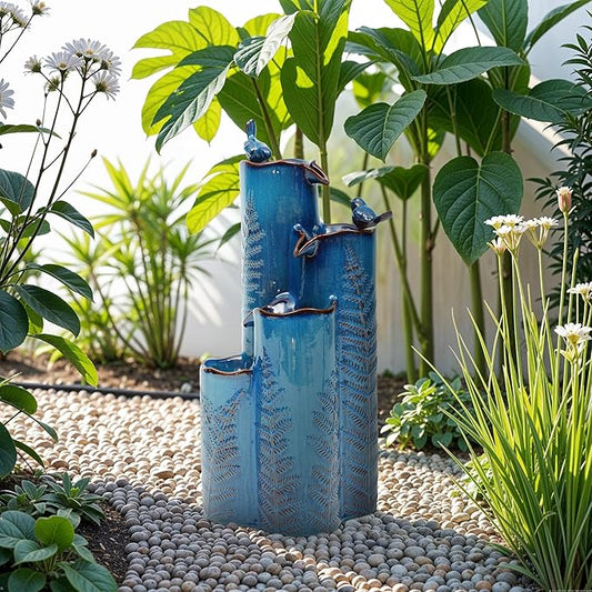 Autodaya 32" Tall Outdoor Fountain, Ceramic Vase Water Fountain withs Lights, 4-Tier Waterfalls with Birds, Tranquil Oasis for Garden Patio Yard Deck Balcony Decor, Tropical Fern, Turquoise Glaze