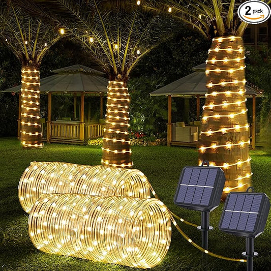 Solar Rope Lights, 2 Pack Total 66ft 200LED Solar String Lights, 8 Modes Waterproof Solar Powered Outdoor Light, Flexible Clear Tube Light for Garden Yard Patio Deck Porch Pool Tree Decor - Warm White