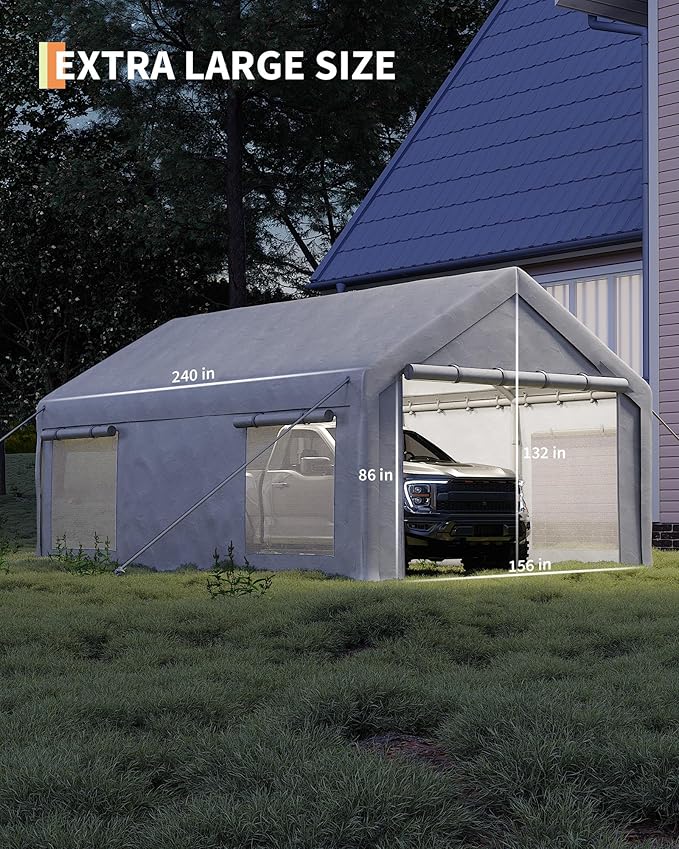 GarveeLife 13x20 ft Carport with 8 Sandbags, Car Port with 220 g PE Tarp, 2 Roll-Up Doors, and 4 Windows, for Full-Size Pickups, Bass Boats, Tractors, and SUVs, White