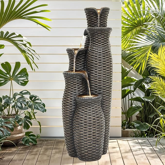 Autodaya 5-Tier Faux Rattan Vase Water Fountain Outdoor with LED Lights, Polyresin Cascading Waterfall Feature, Tranquil Oasis for Garden, Patio, Yard, or Porch