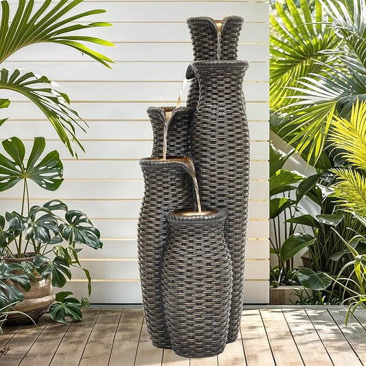 Autodaya 5-Tier Faux Rattan Vase Water Fountain Outdoor with LED Lights, Polyresin Cascading Waterfall Feature, Tranquil Oasis for Garden, Patio, Yard, or Porch