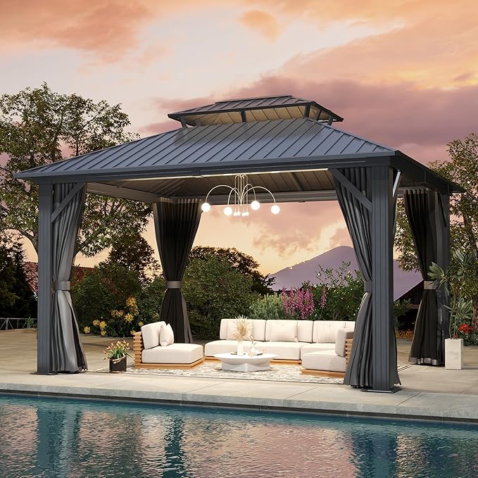 12'x14' Hardtop Gazebo, Outdoor Double Roof Galvanized Steel Gazebo, Aluminum Frame Permanent Pavilion with Curtains & Netting for Backyard, Patio, Deck (12x14)