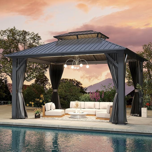 12'x14' Hardtop Gazebo, Outdoor Double Roof Galvanized Steel Gazebo, Aluminum Frame Permanent Pavilion with Curtains & Netting for Backyard, Patio, Deck (12x14)