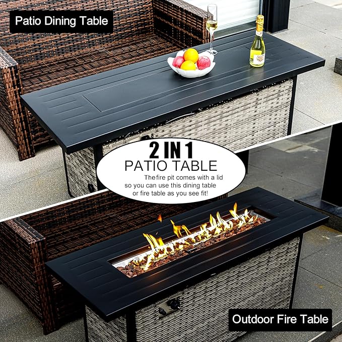 57 inch Propane fire Pit Table with Waterproof Cover & Ratten Side Panel, 50000 BTU Gas Firepit Table with Lid & Lava Rock, Outdoor Fire Pit for Dining or Party, Firepit for Outside, Patio