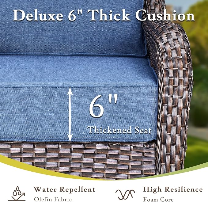 Luxury High Back Outdoor Furniture with 6-inch Extra Thick Cushions, Patio Furniture Set with Swivel Chairs, 10 PCS Wicker Conversation Set for Yard, Deck, Poolside, Brown/Blue