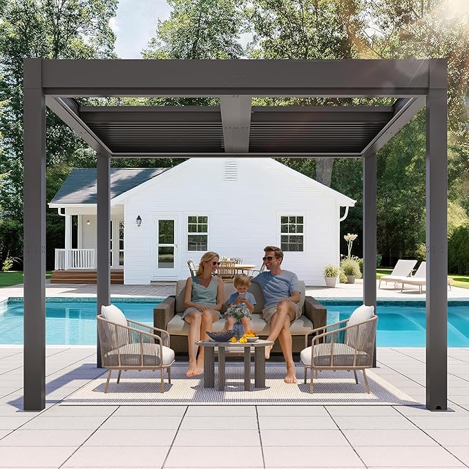 Greesum 10x10FT Outdoor Aluminum Pergola, Electric Adjustable Louvered Pergola with LED Lights and Gutter System, Metal Gazebo for Patio, Deck, Garden, Yard, Black
