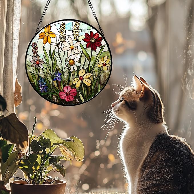 Stained Glass Window Hanging, Colorful Wildflowers Plant Scenery Suncatcher for Doors Window Home White Green Sun Catchers Decor Mother's Day Birthday Gifts for Women, Men Mom 6.3 in