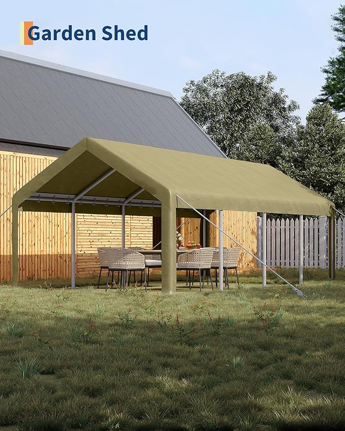 GarveeLife 13x25 ft Carport with 10 Sandbags, Car Port with 220 g PE Tarp, 2 Roll-Up Doors, and 4 Windows, for Full-Size Pickups, Bass Boats, Tractors, and SUVs, Khaki