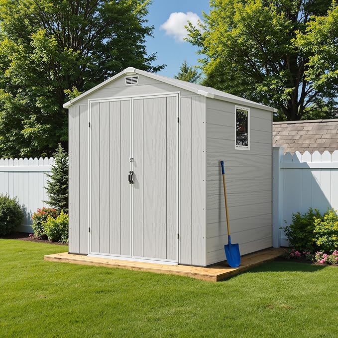 Greesum 6x6FT Plastic Outdoor Storage Shed with Floor, Resin Sheds with Lockable Double Door, All-Weather Tool Sheds with Window and Vents, for Garden, Backyard, Patio, Light Gray
