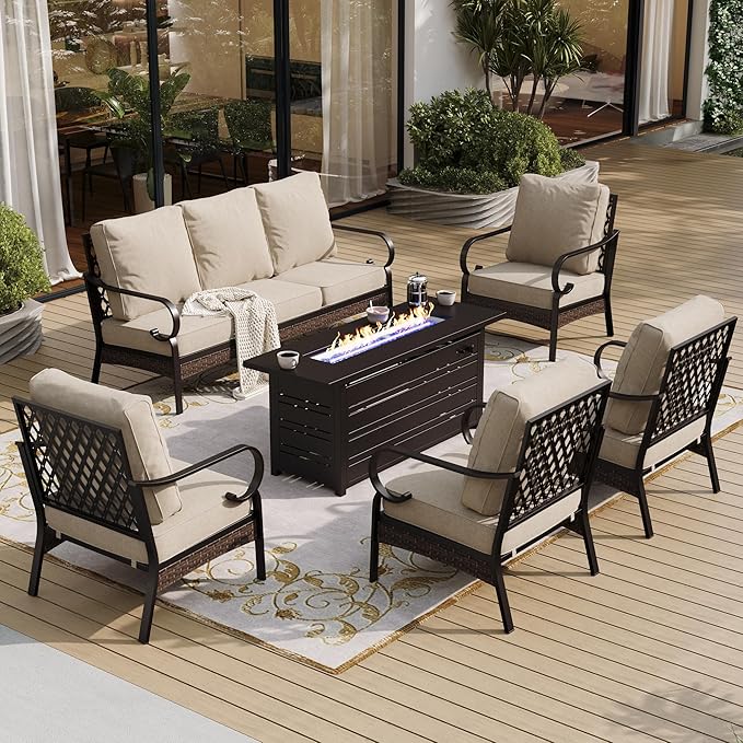 6 Piece Black Metal Outdoor Patio Furniture Sets with Firepit Table, Patio Conversation Sets 1 3-Seater Sofa, 4 Single Sofa with 5.75" Thick Cushion Backyard Furniture for Deck, Beige
