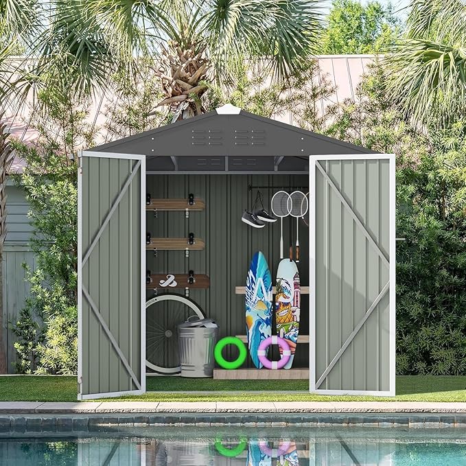 Furniwell 6x8 FT Outdoor Storage Shed, Metal Garden Sheds Outdoor Storage House with Single Lockable Door for Backyard Patio Lawn, White