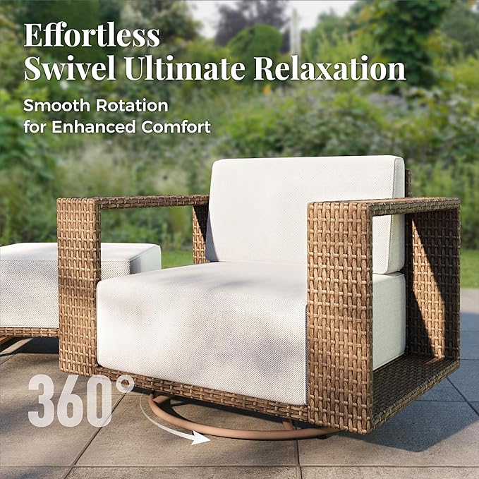 Outdoor Patio Furniture Set, 7 Piece Outdoor Rattan Wicker Sofa Couch, Conversation Sets with 2 Swivel Sofa, 2 Armchairs, 2 Ottomansand Coffee Table for Deck Backyard Lawn
