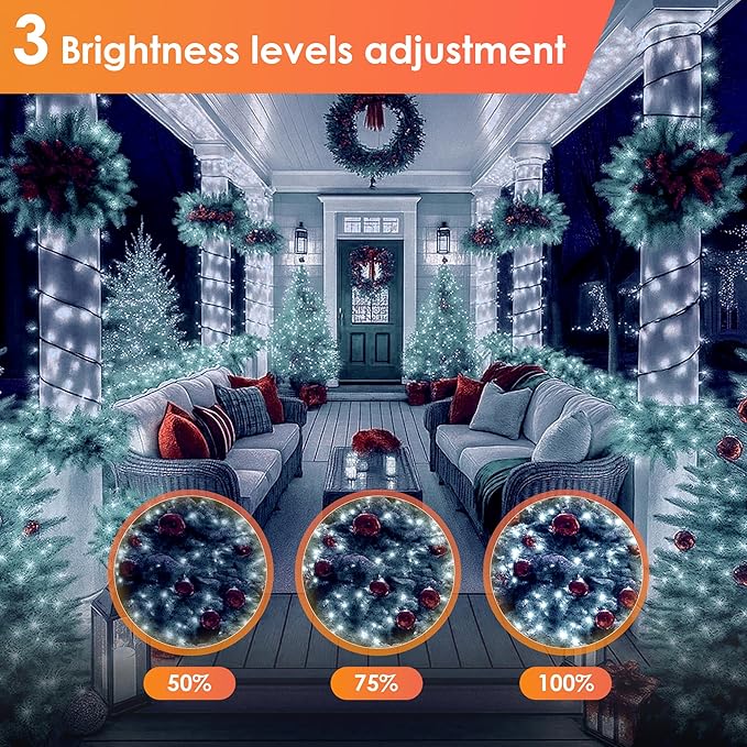 Christmas Lights 600 LED 196FT, IP67 Waterproof Christmas Tree Lights with 8 Modes, Outdoor String Lights with Timers & Memory Function, Xmas Light for Holiday Decor (Cool White)